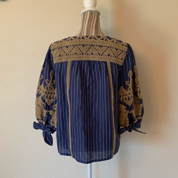 Sundance Inspired Artist Blue Striped Top Linen Women’s S - Picture 9 of 11